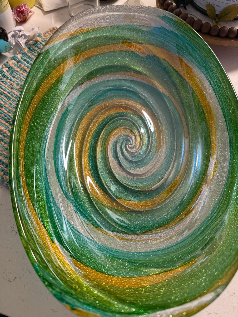 Spiral Swirl Glass Bowl in Green, Gold and Silver
